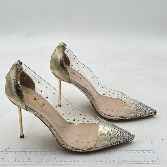 FSJ Gold Studded Pointed Toe Transparent Pumps High Heels Shoes - Picture 4 of 8